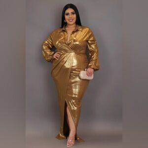 Women Plus Elegant Gold Wrap Collared Long Sleeve Maxi Dress Sz 2XL